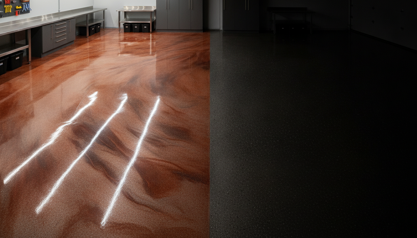 Glossy metallic epoxy garage floor finish